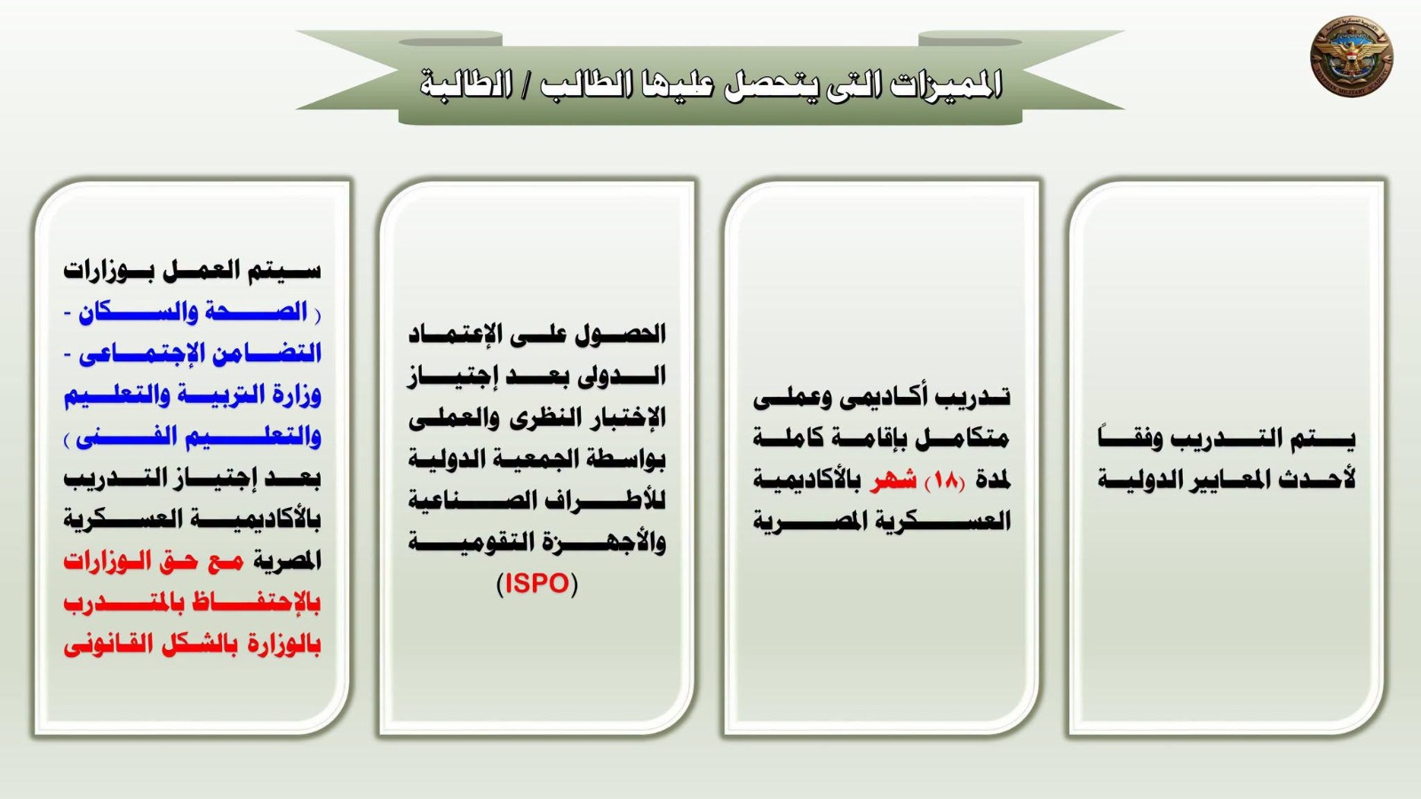تعلن الأكاديمية العسكرية المصرية عن فتح تسجيل بيانات الراغبين من خريجى الجامعات التكنولوجية تخصص الأطراف الصناعية وأجهزة تعويضية  وذلك لعدد (٣٢٠) لصالح الدورة رقم (١) لبرنامج الأطراف الصناعية والأجهزة التعويضية